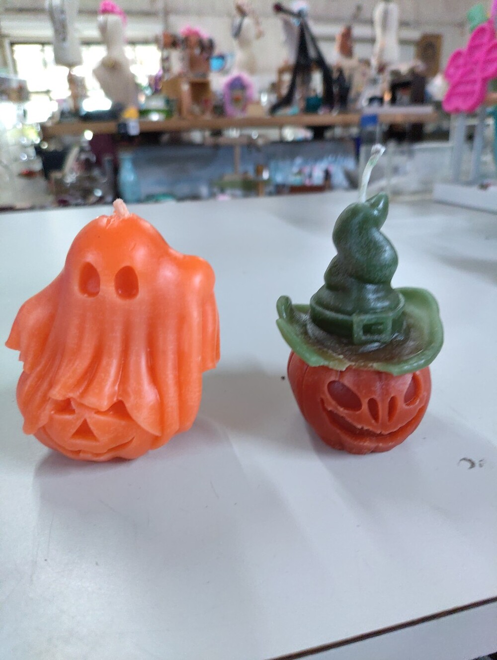 Lot of 2 Scented Halloween Wax Figural Candles - Ghost over Jack-O-Lantern & Pum
